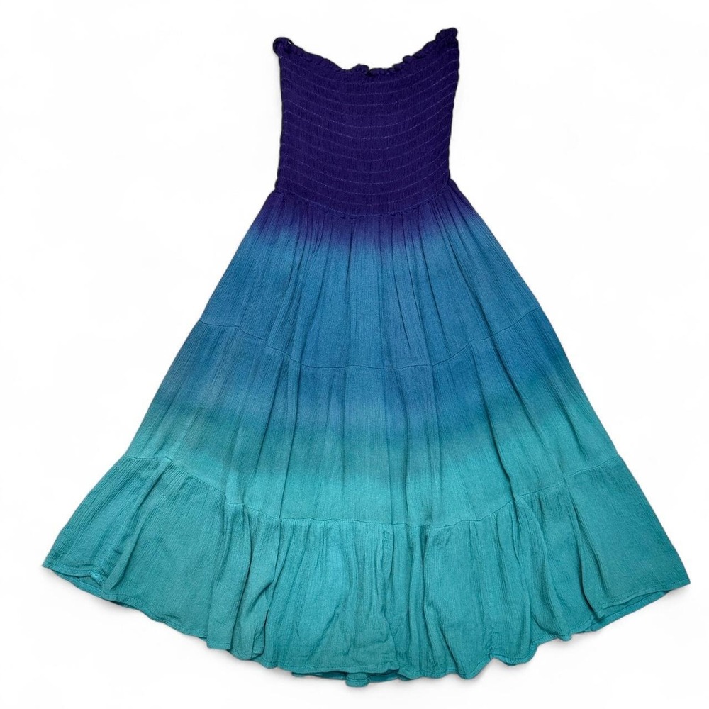 Purple, blue, and green strapless ombre sun dress with ruffle trim - size Medium